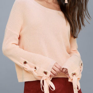 Lulus Flirt and Finesse Pink Peach Lace-Up Sleeve Sweater Oversized Sweater